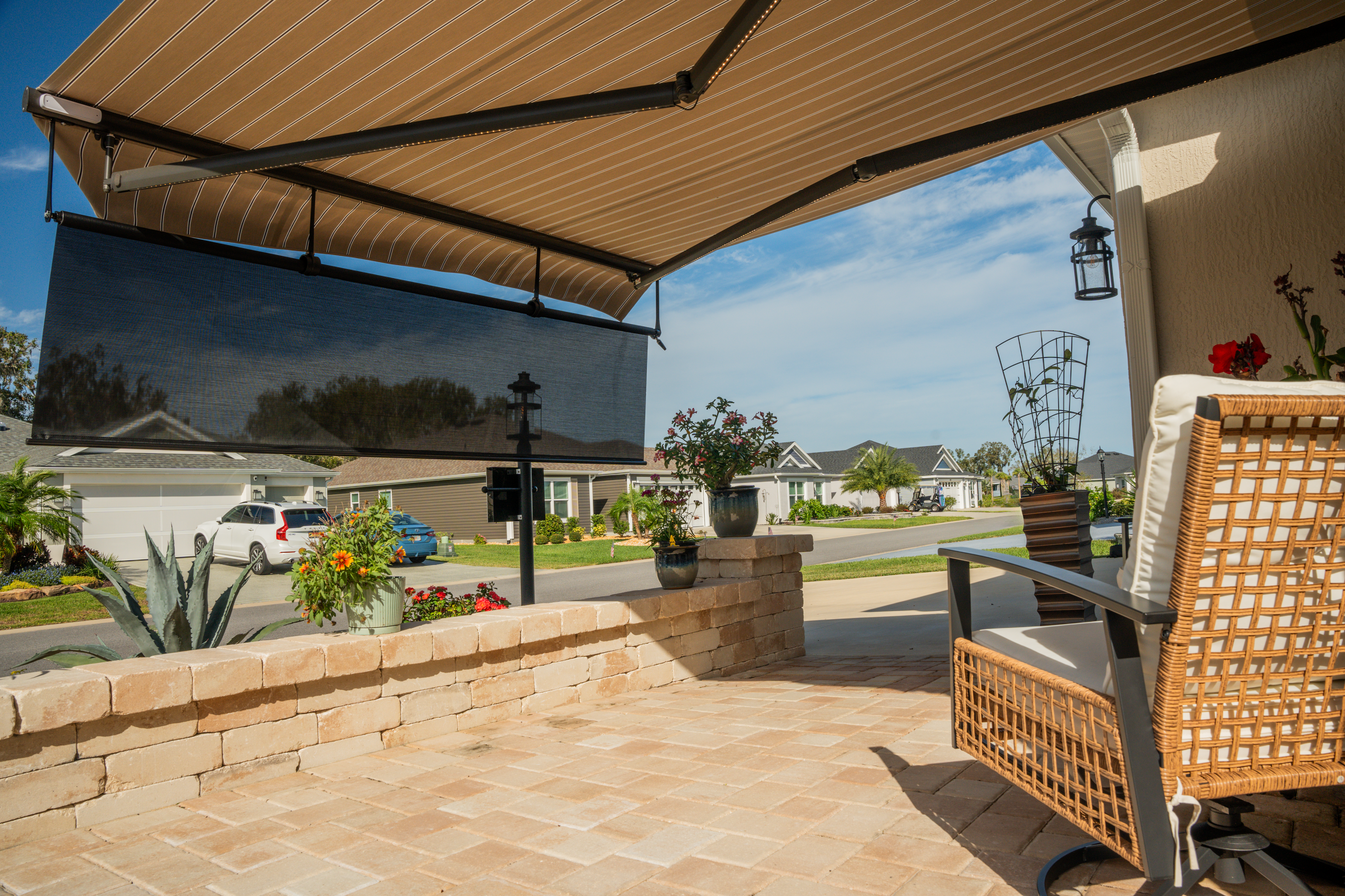 Awning Crossarm Bronze Housing Putty Regimental Fabric Extended Front Screen