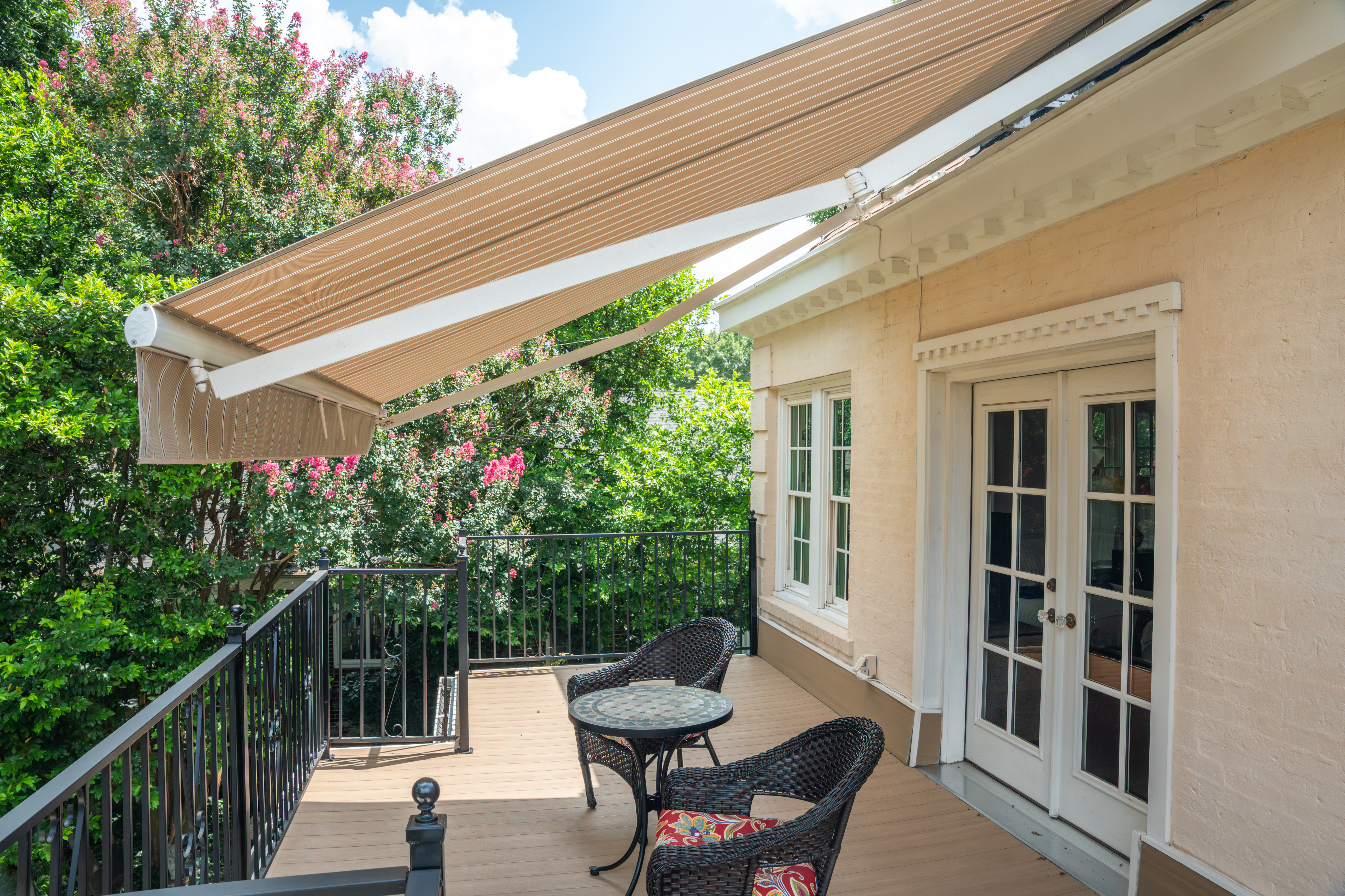 Awning Residential Balcony Deck Beige Stripes Side View