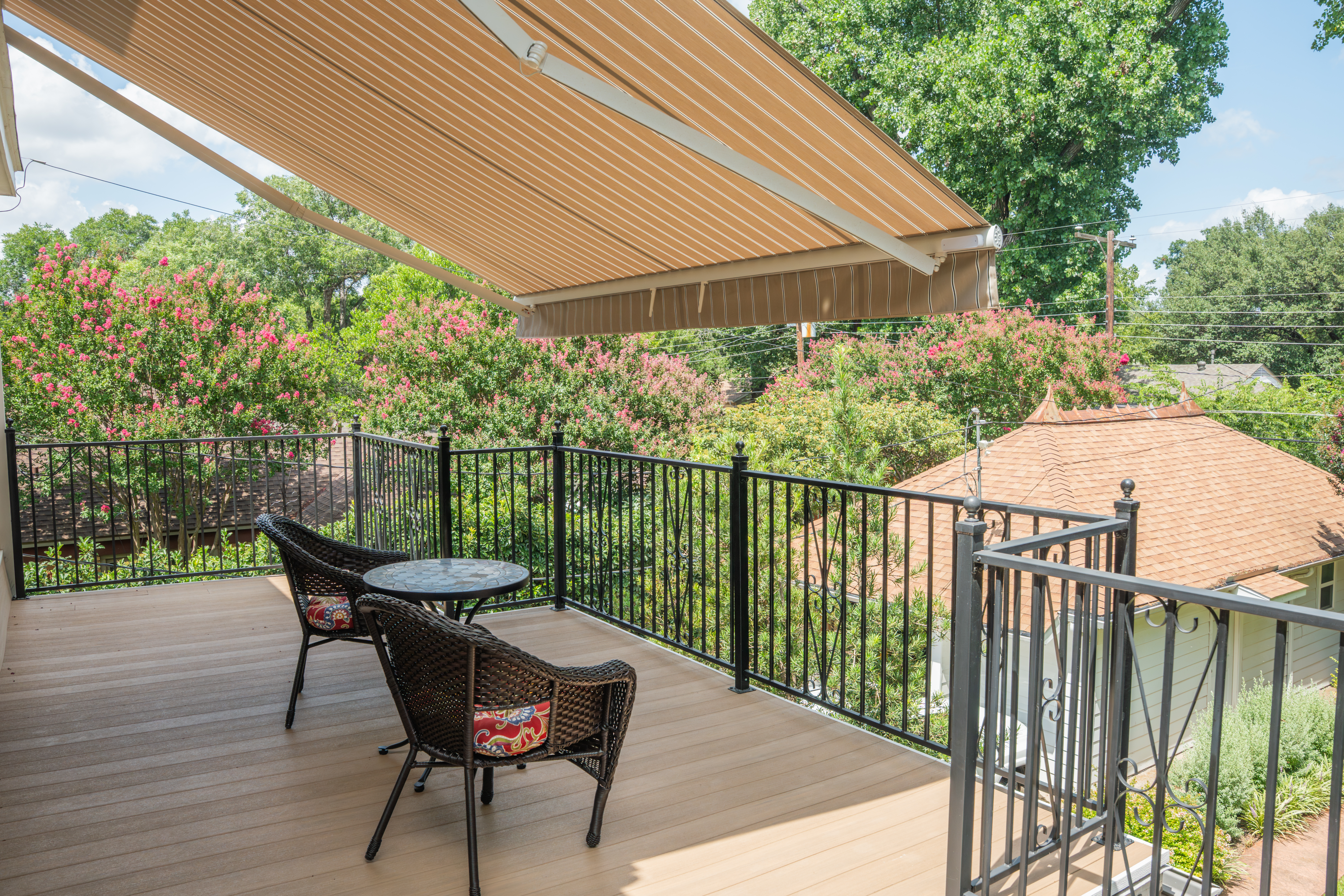 Awning Residential Balcony Deck Beige Stripes Wicker Furniture