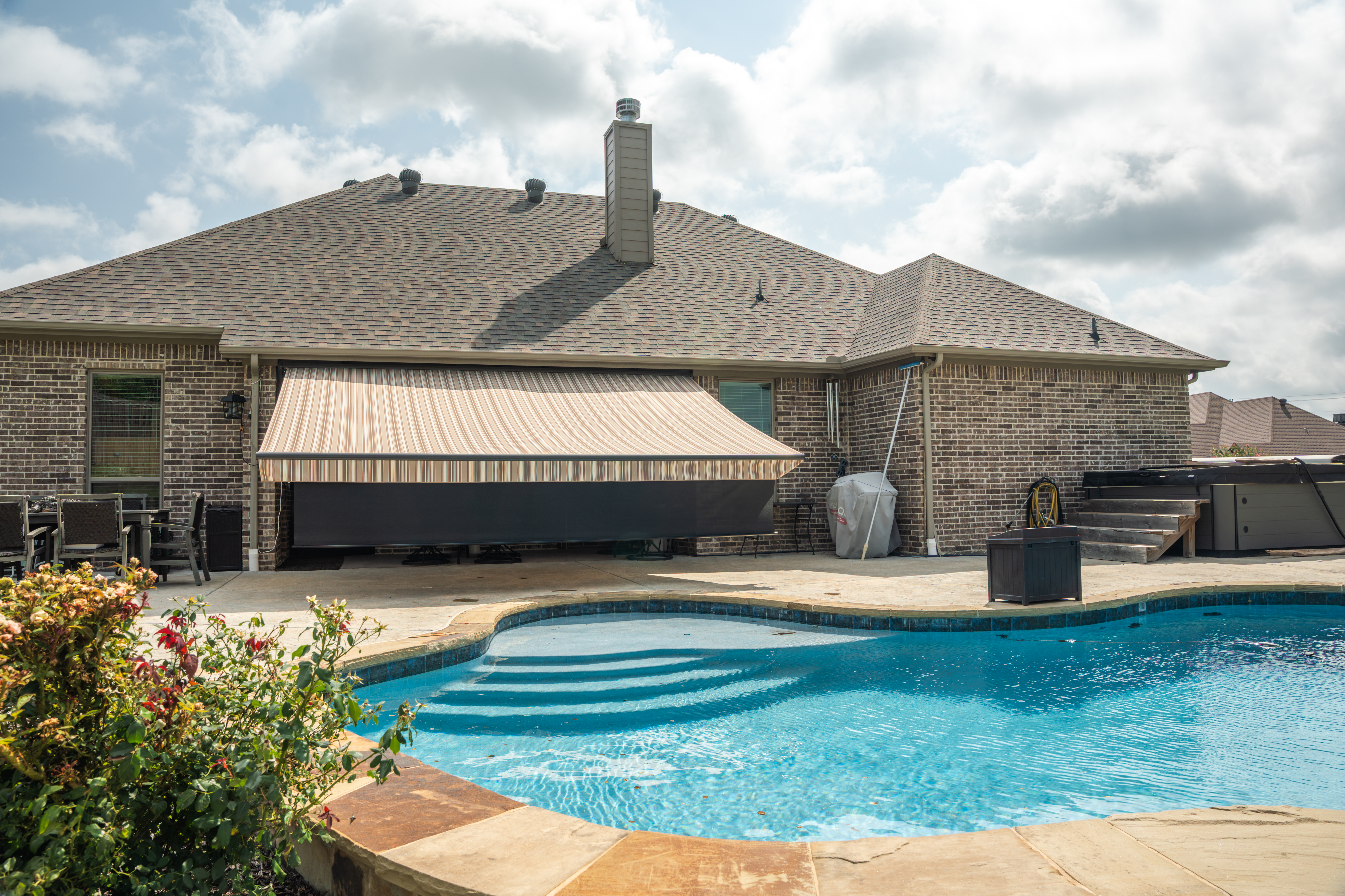 Awning Residential Patio Pool Brick House Drop Screen Exterior View