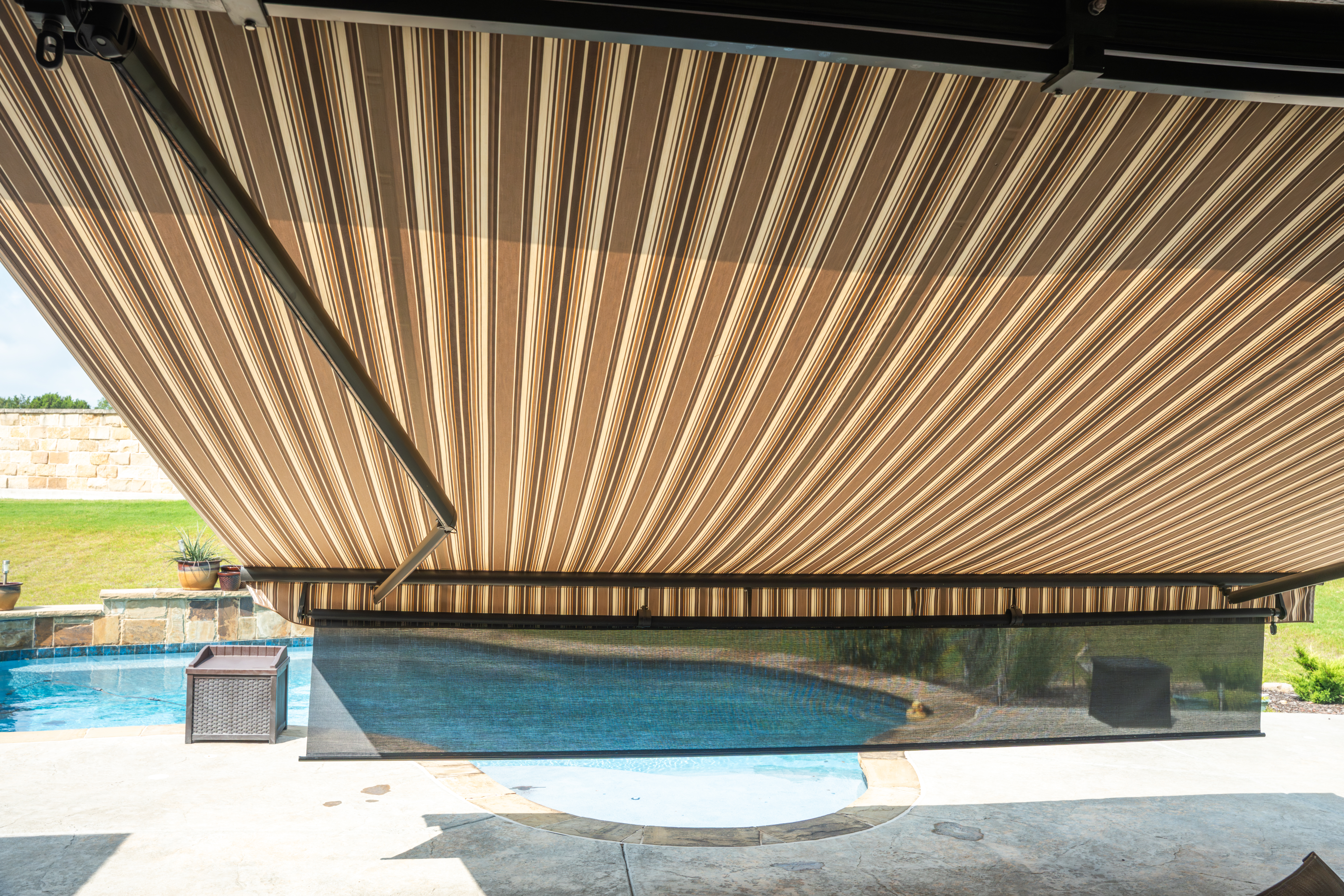 Awning Residential Patio Pool Brick House Drop Screen Interior View