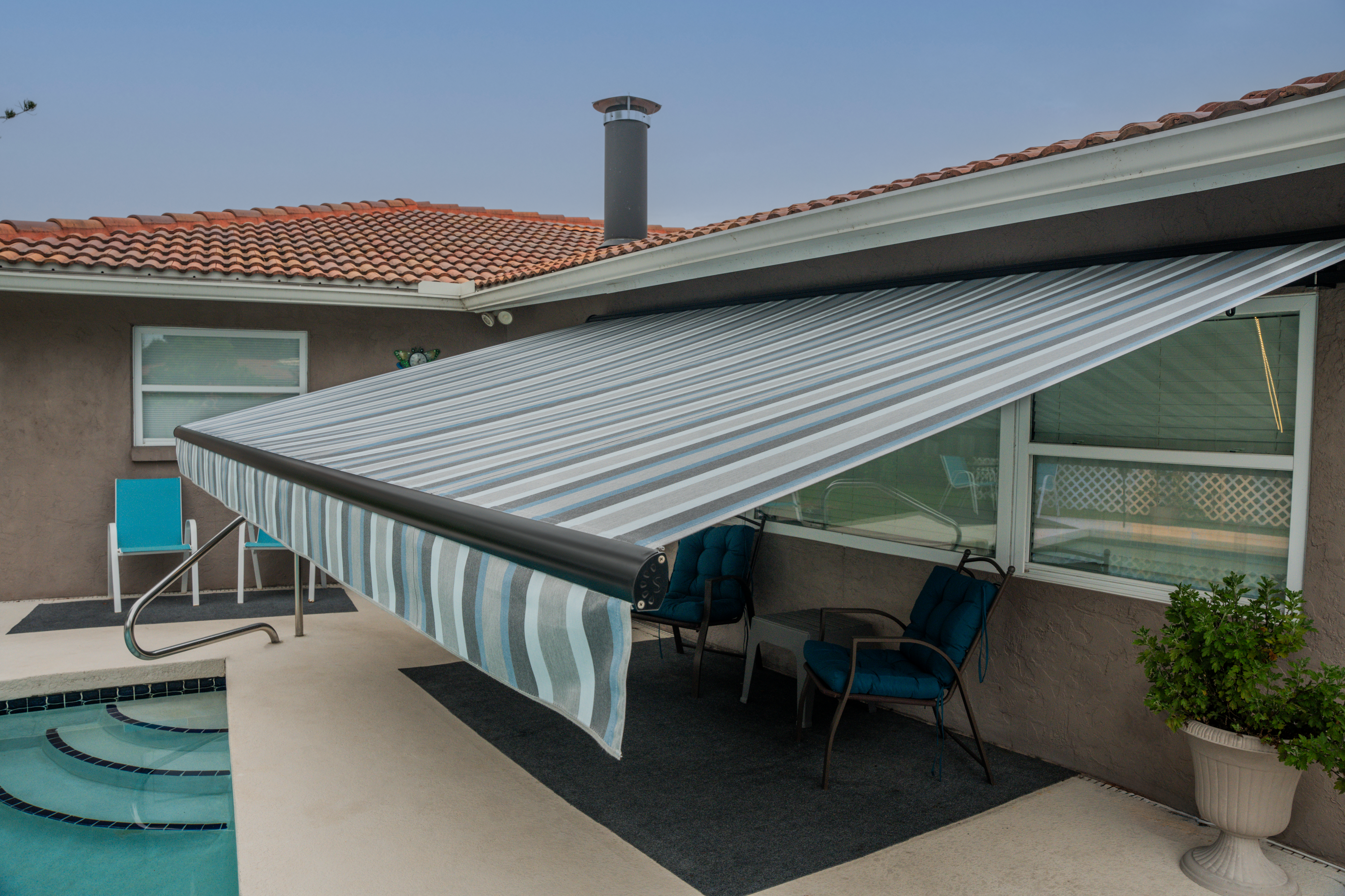 Awning Residential Tan Stucco Terracotta Roof Marco Blue Grey 2