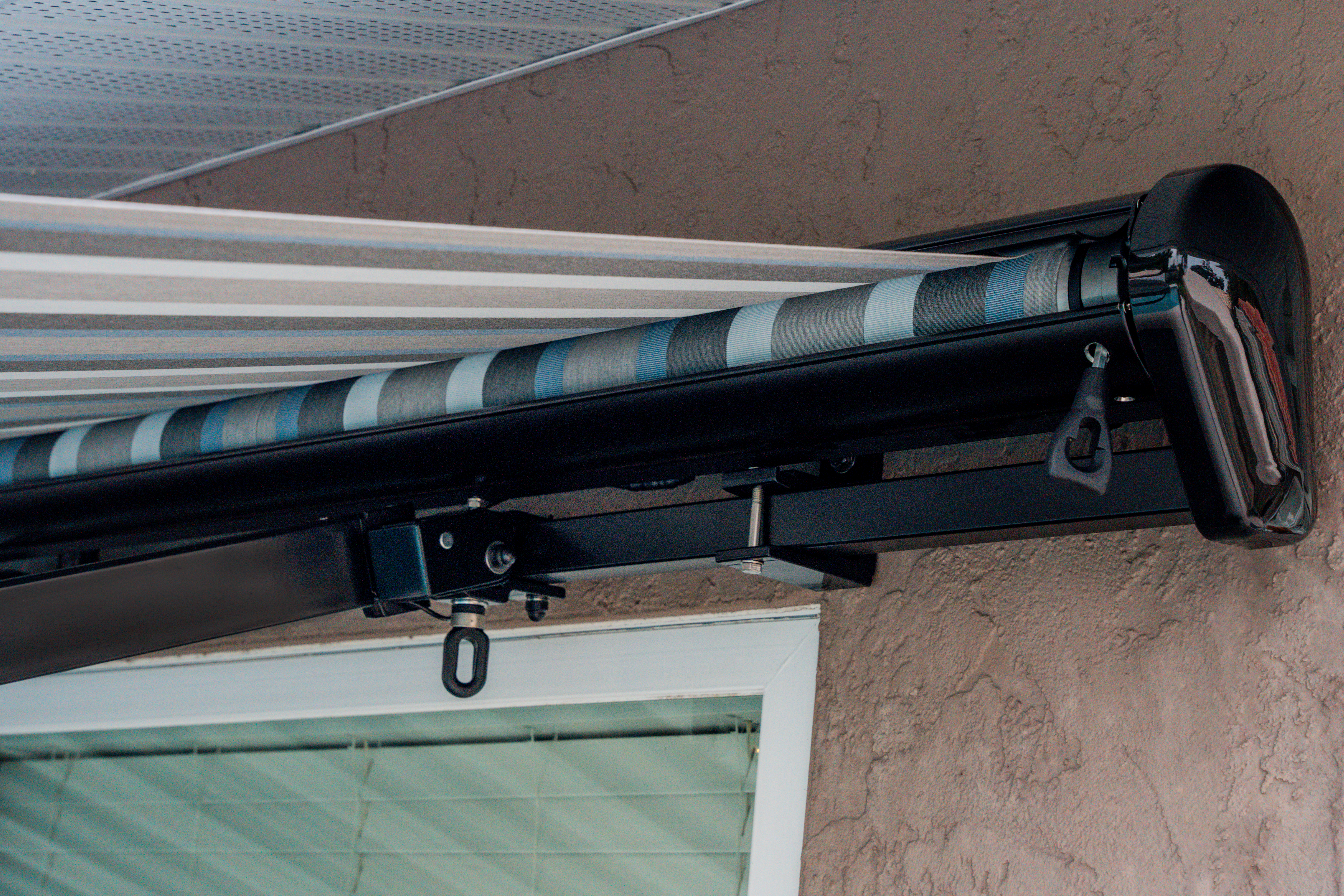 Black Awning Standard Mount Marco Blue Grey Fabric