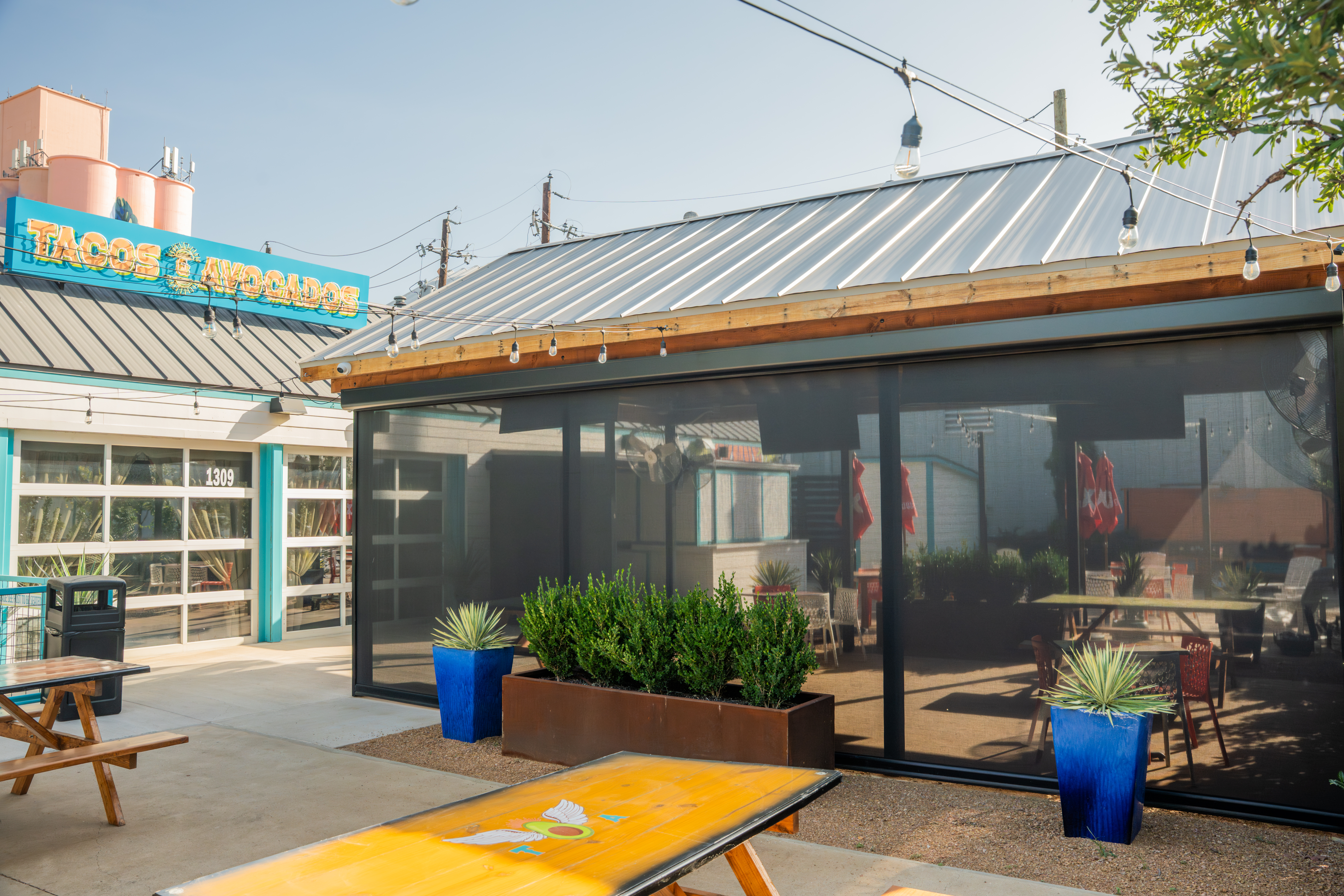 Commercial Solar Screen Pergola Exterior View Tacos Avocados
