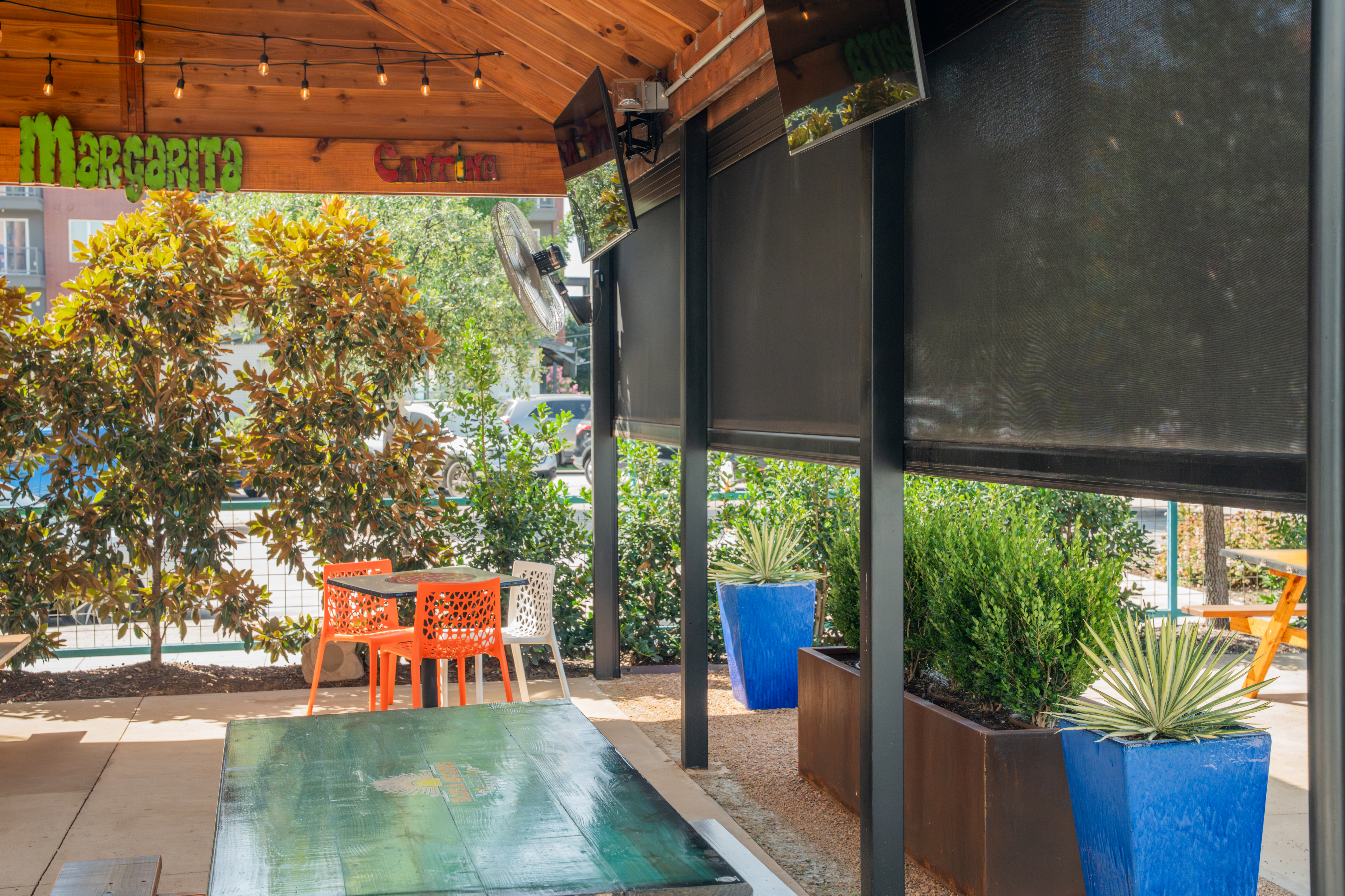 Commercial Solar Screen Pergola Interior View Tacos Avocados