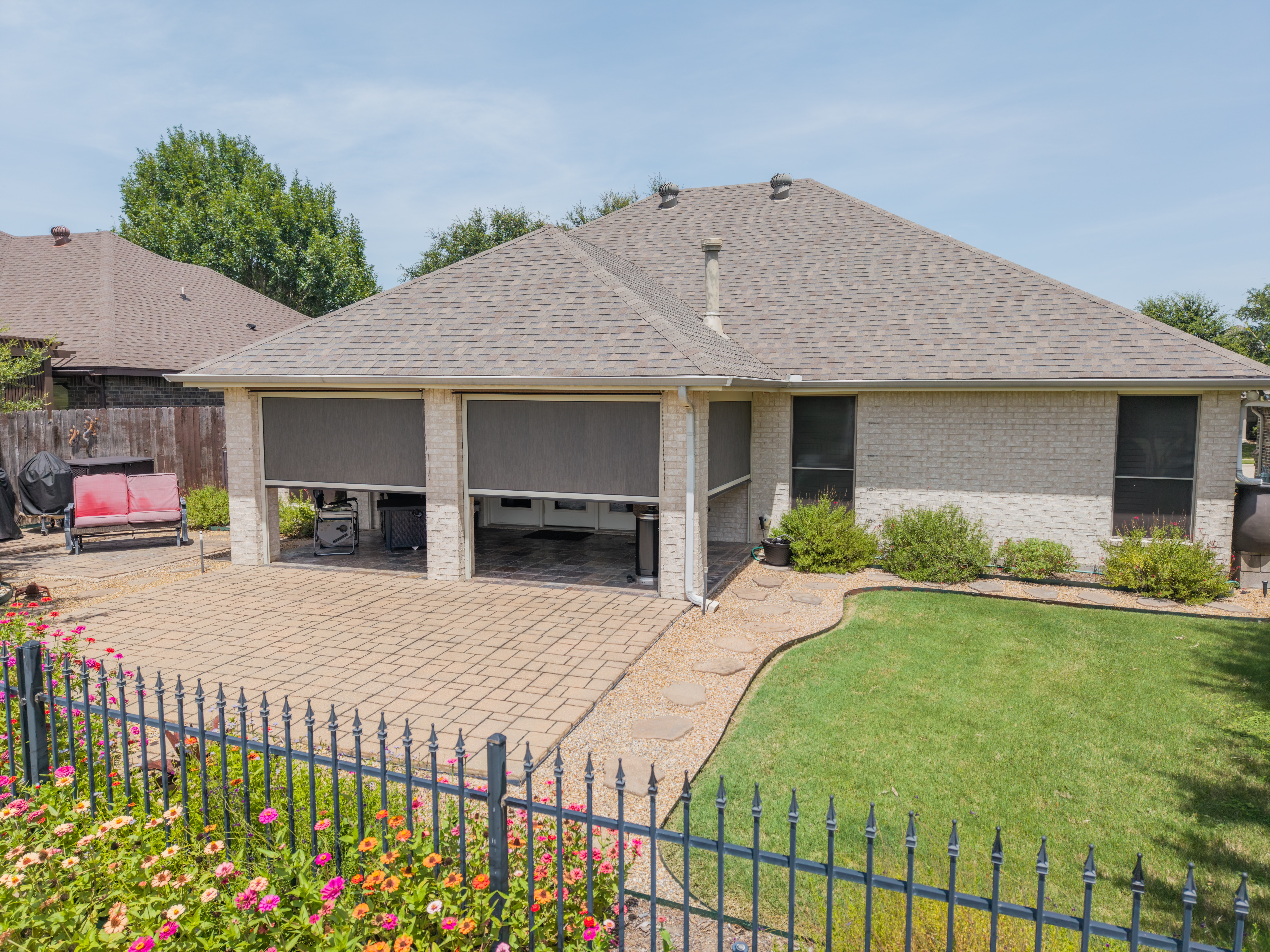 Patio Multiple Screens Grey Fabric White Hardware Backyard Fence