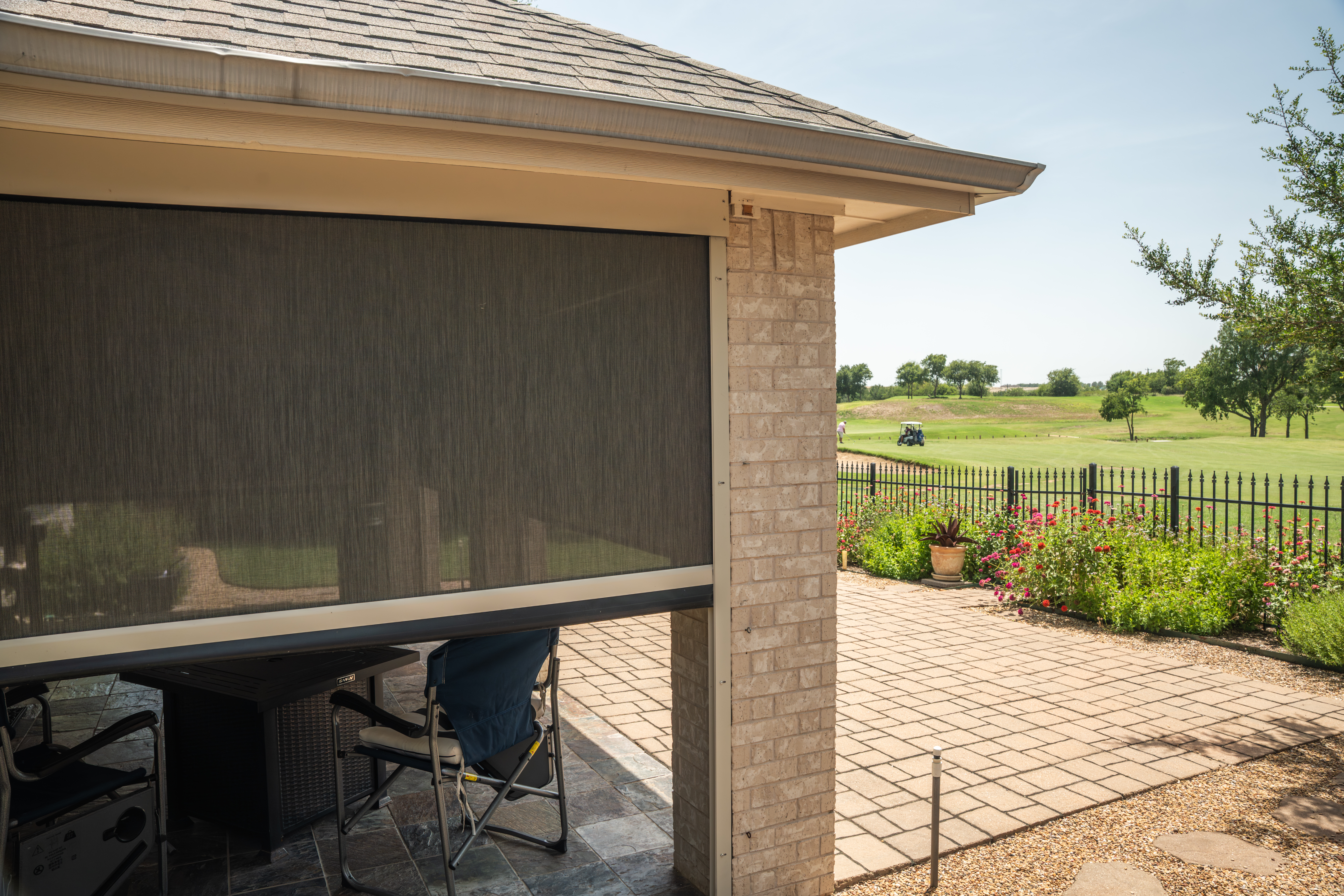 Patio Multiple Screens Grey Fabric White Hardware Backyard Golf Course