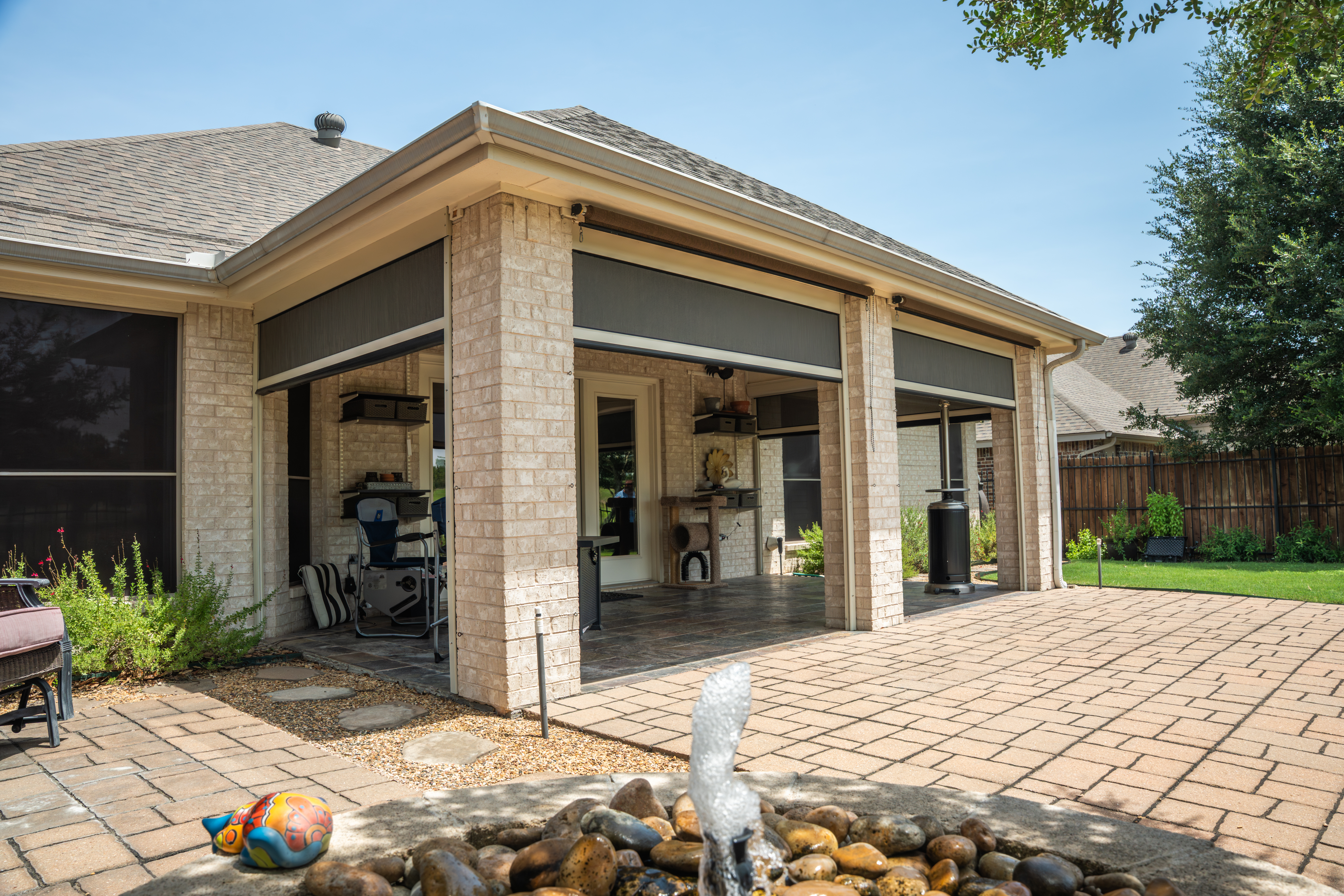 Patio Multiple Screens Grey Fabric White Hardware Backyard Water Fountain