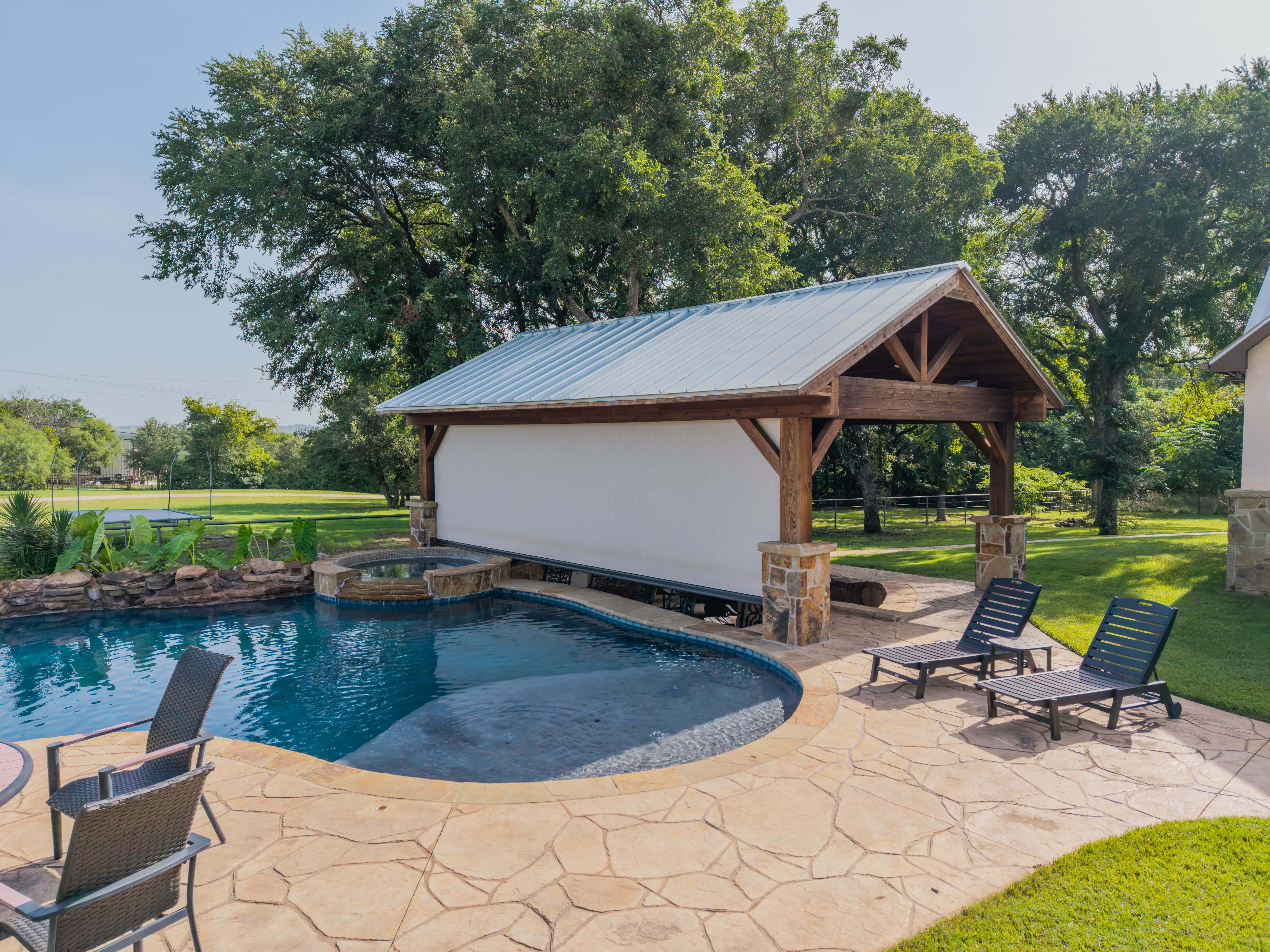 Residential Screens White Fabric Wood Brick Pergola Pool Aerial View