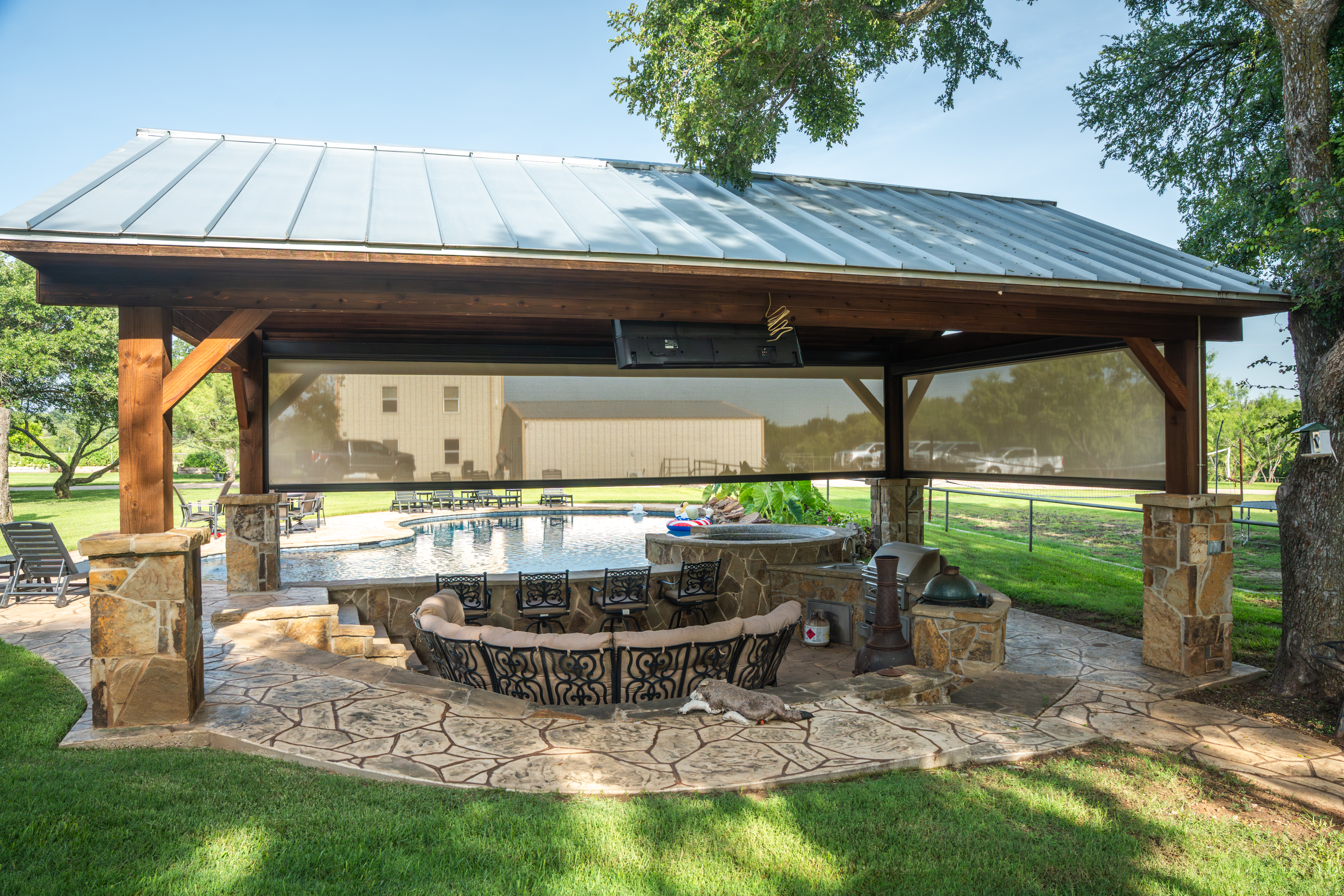 Residential Screens White Fabric Wood Brick Pergola Pool Interior View