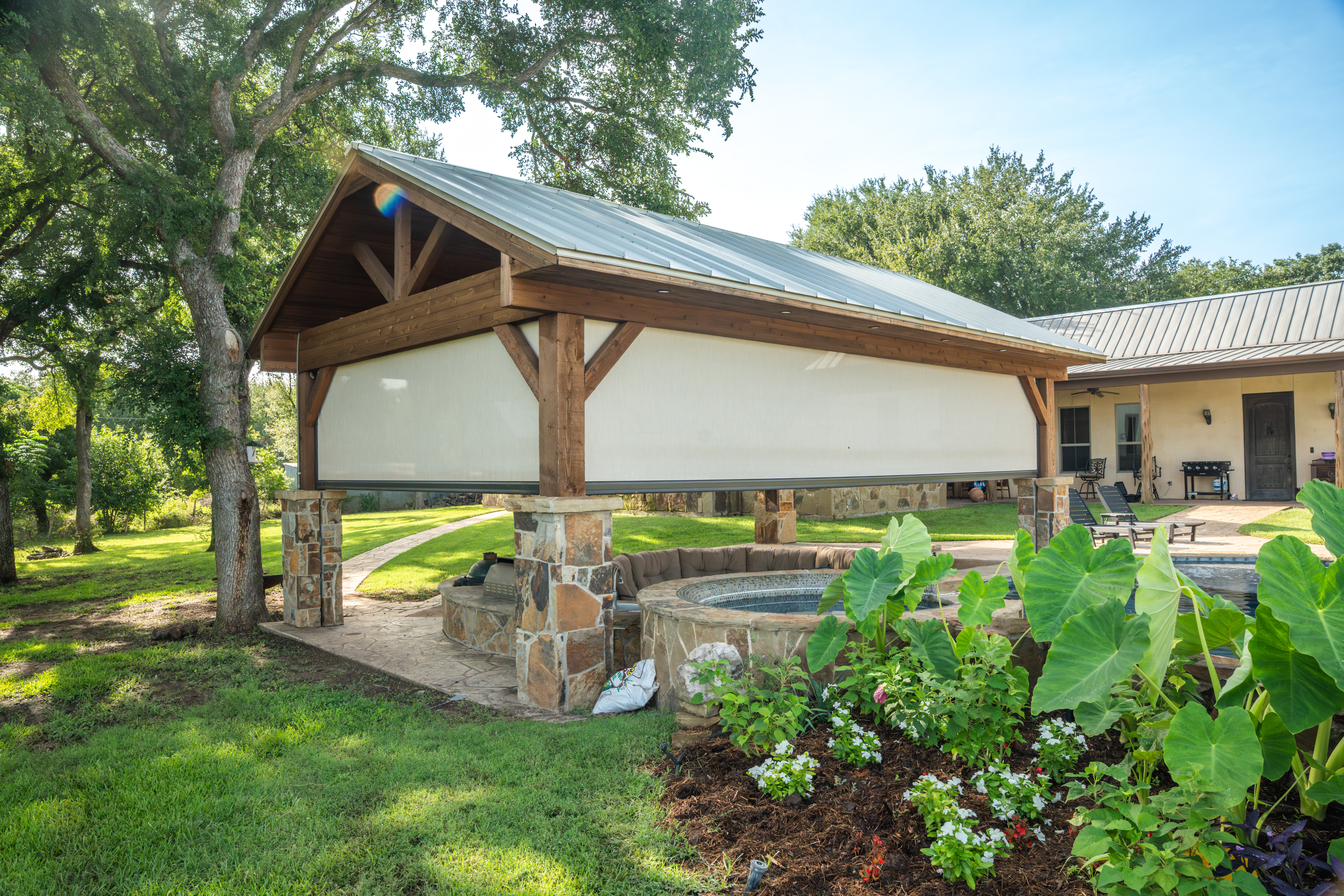 Residential Screens White Fabric Wood Brick Pergola Pool