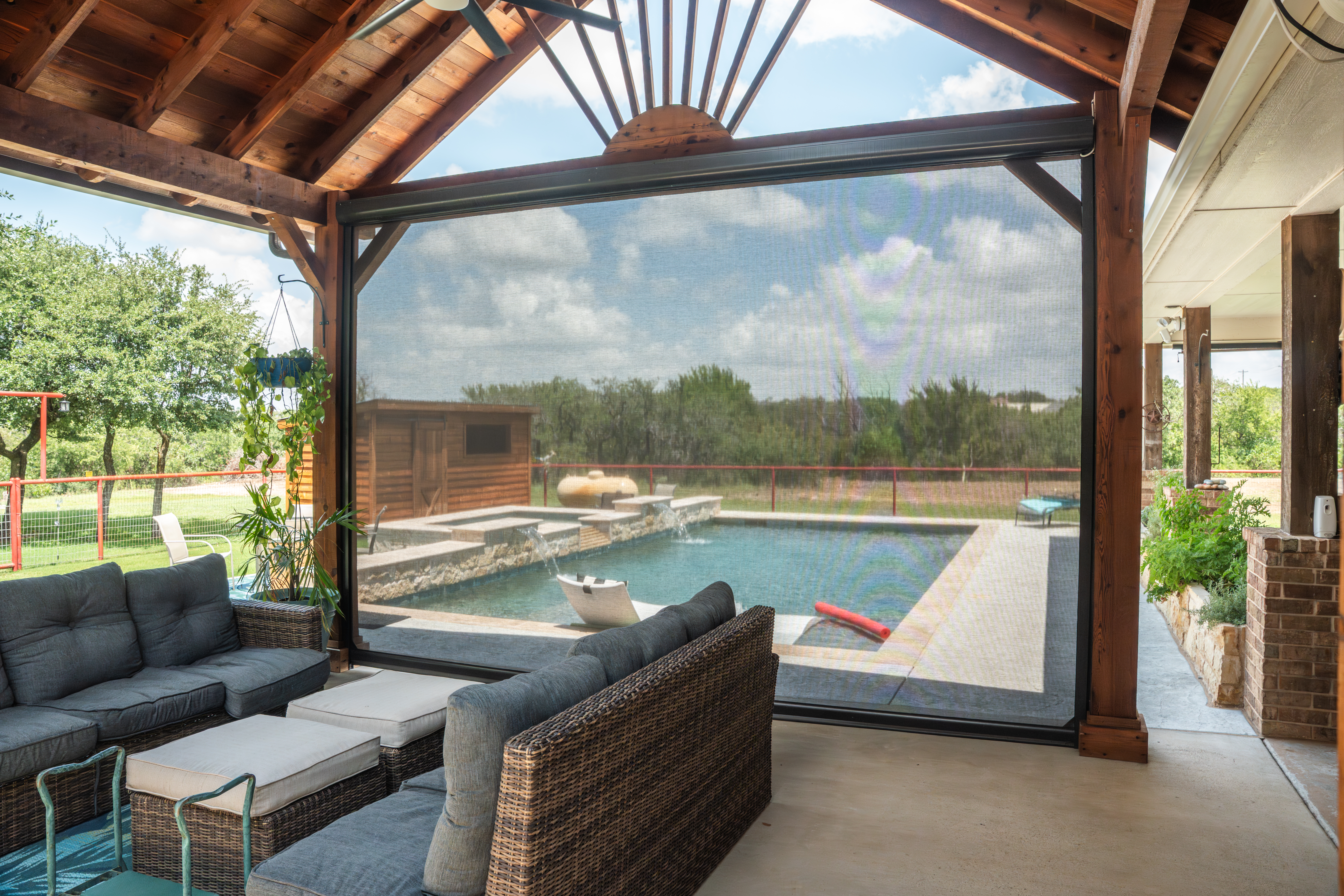 Residential Solar Screen Wood Pergola Patio Interior View