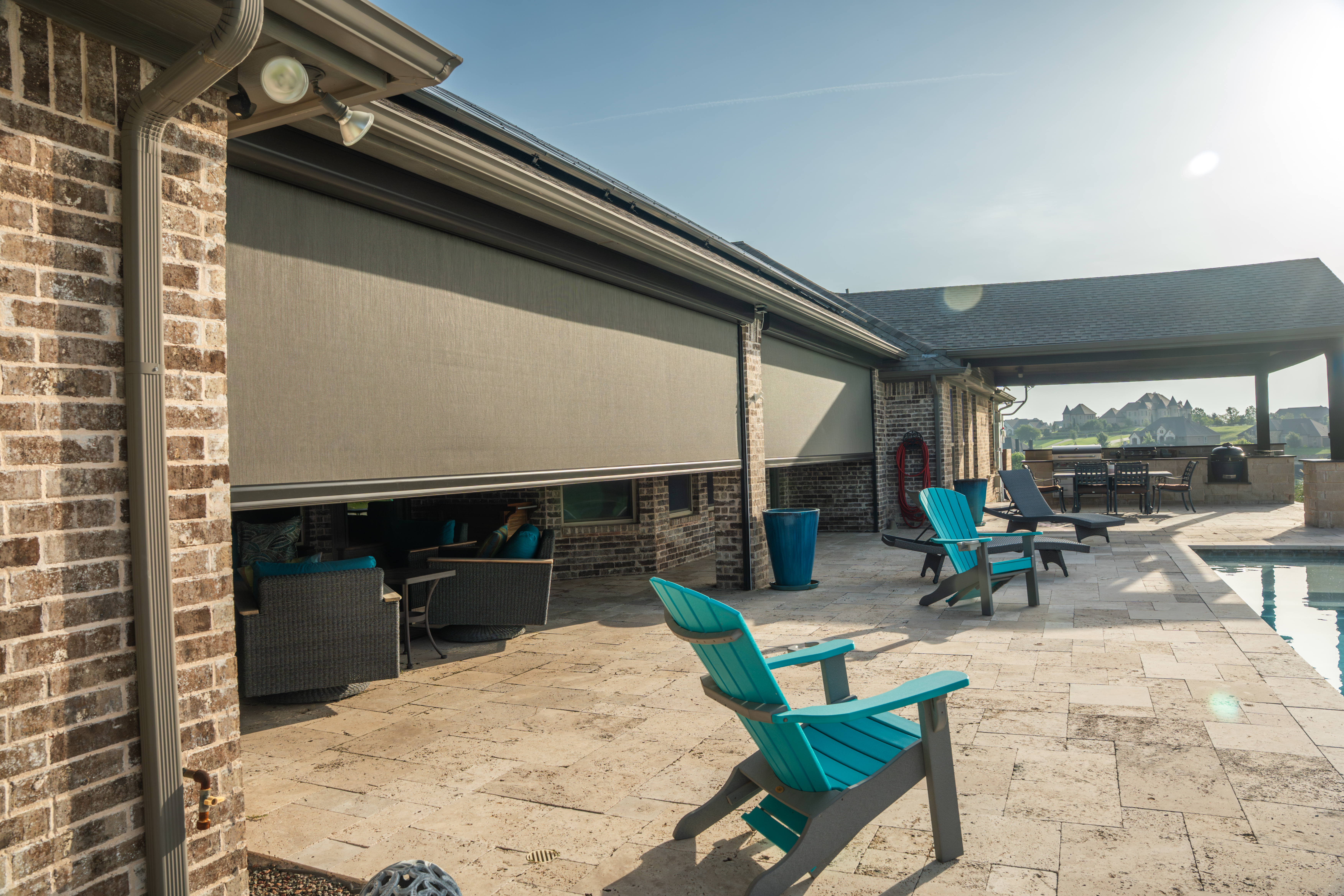 Residential Solar Screens Grey Fabric Patio Pool Side View