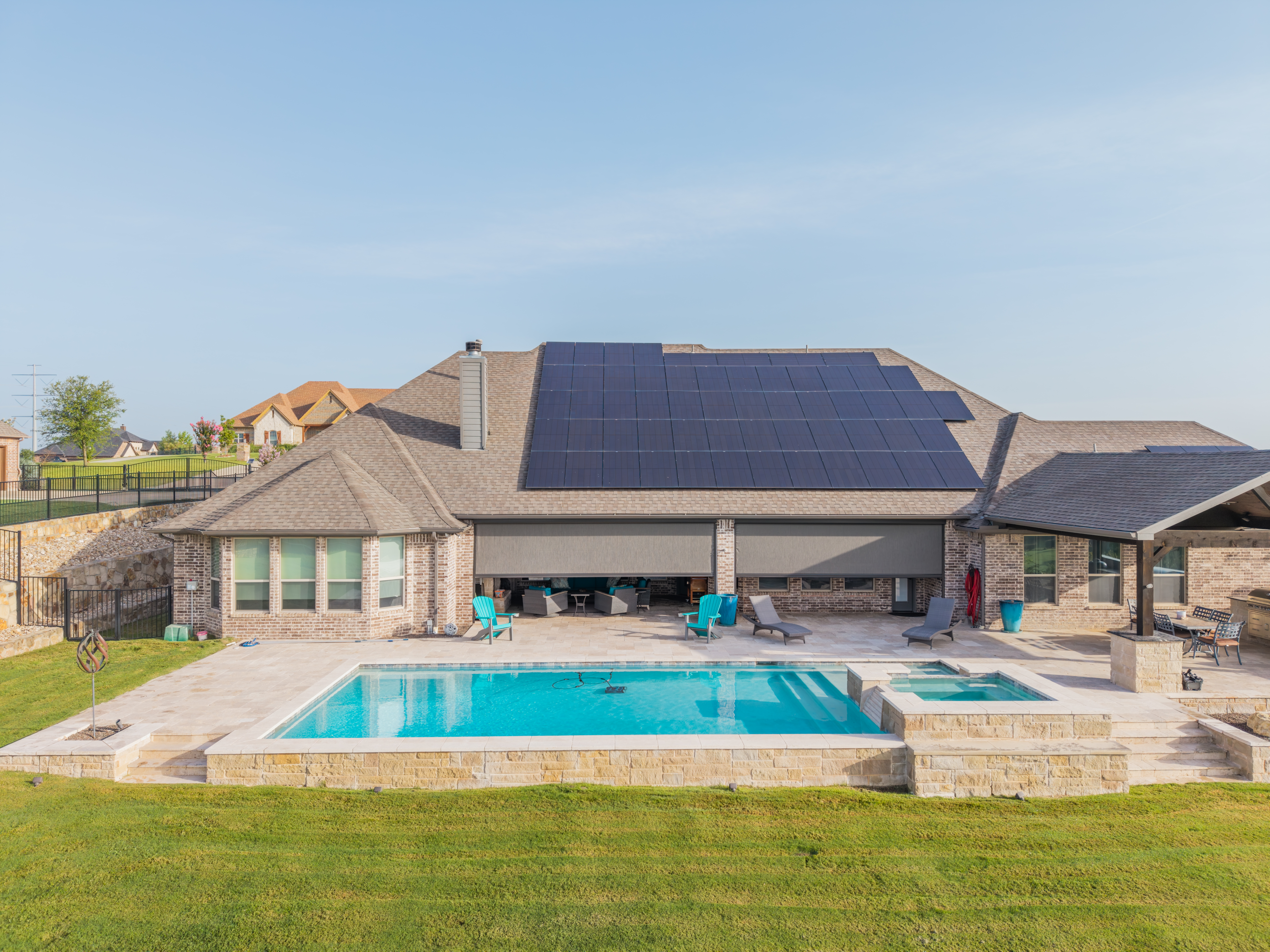 Residential Solar Screens Grey Fabric Patio Pool Wide Aerial View
